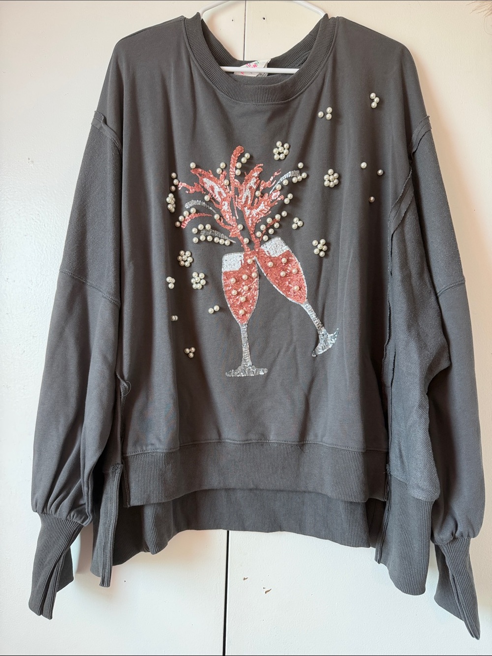 Fantastic Fawn Dark Gray Sweatshirt with Pink Sequin Champagne Motif OVERSIZED